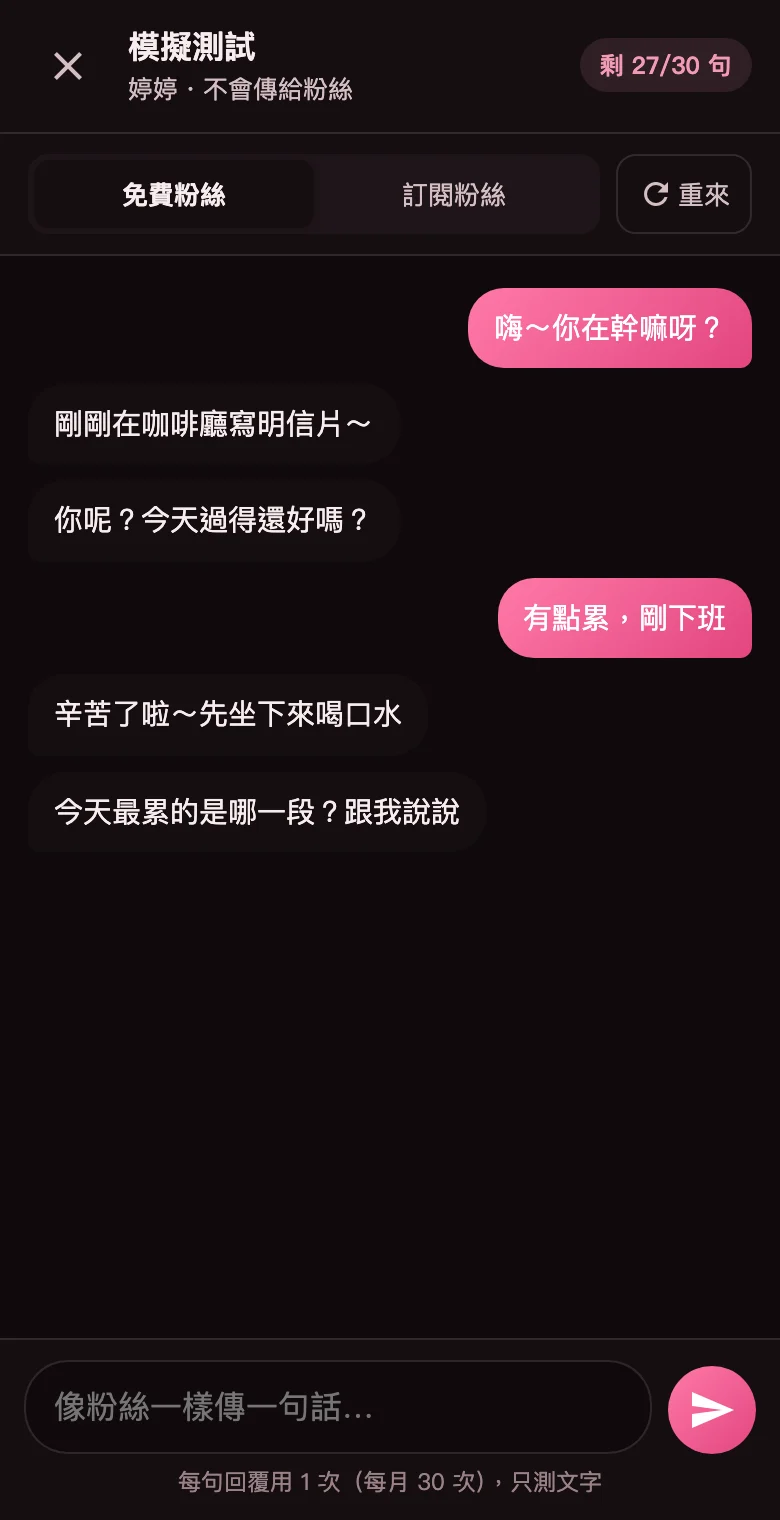 模擬測試視窗:可切換免費粉絲或訂閱粉絲,顯示本月剩幾句,和 AI 的對話