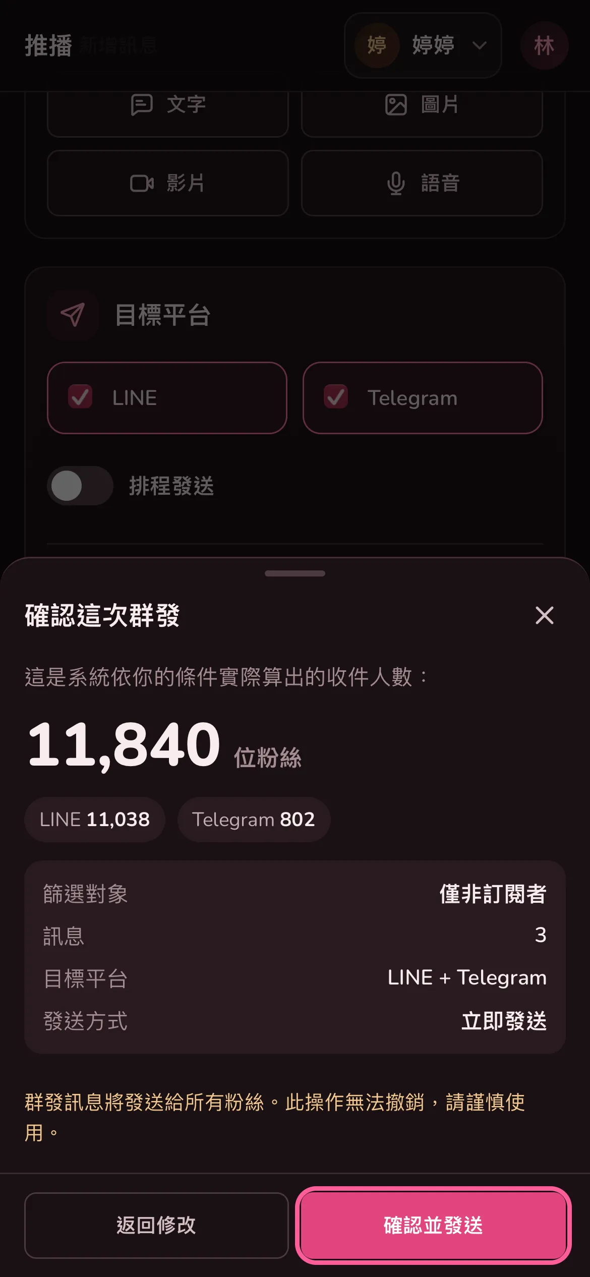 確認這次群發:收件人數、LINE 和 Telegram 各多少、篩選對象、訊息數,確認並發送按鈕被框起來