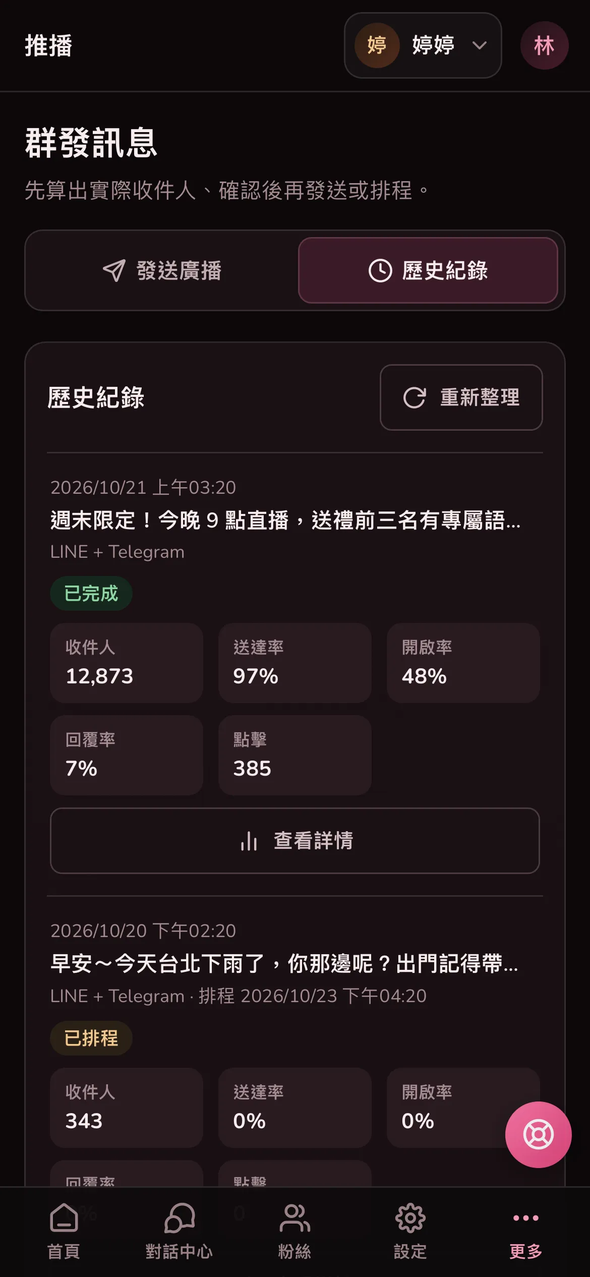 歷史紀錄:每則廣播的狀態、收件人、送達率、開啟率、回覆率和點擊