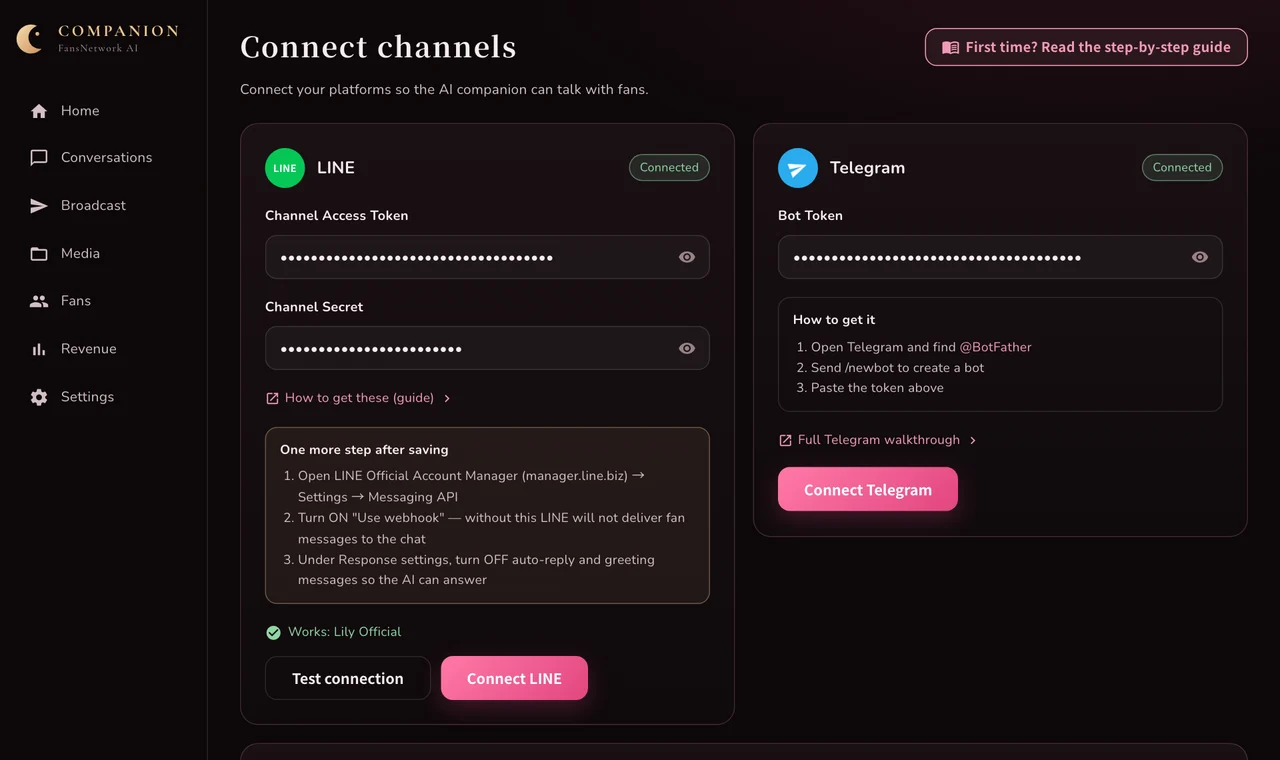 The Connect channels screen in the FansNetwork dashboard with LINE and Telegram both connected