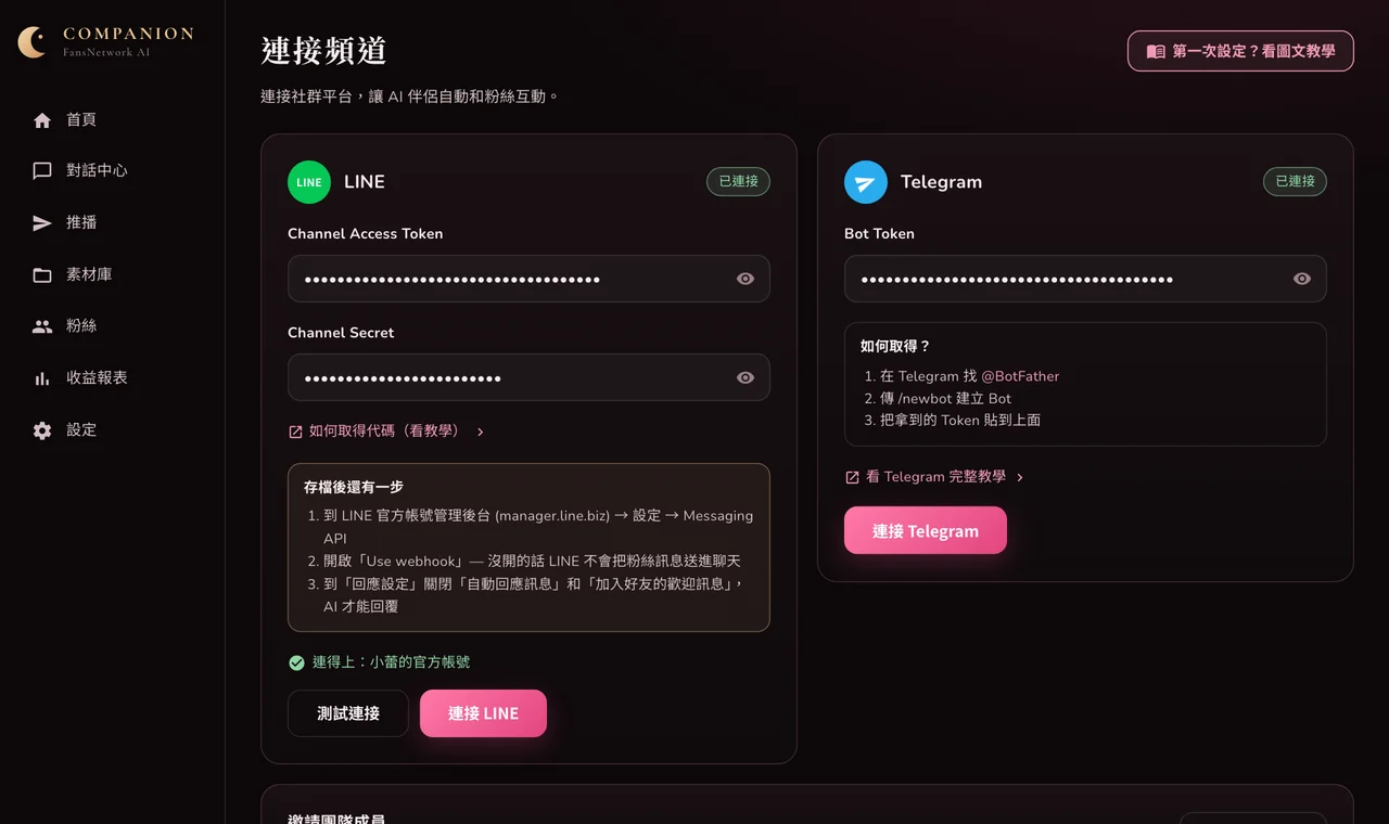 FansNetwork 後台的連接頻道畫面，LINE 和 Telegram 都顯示已連接