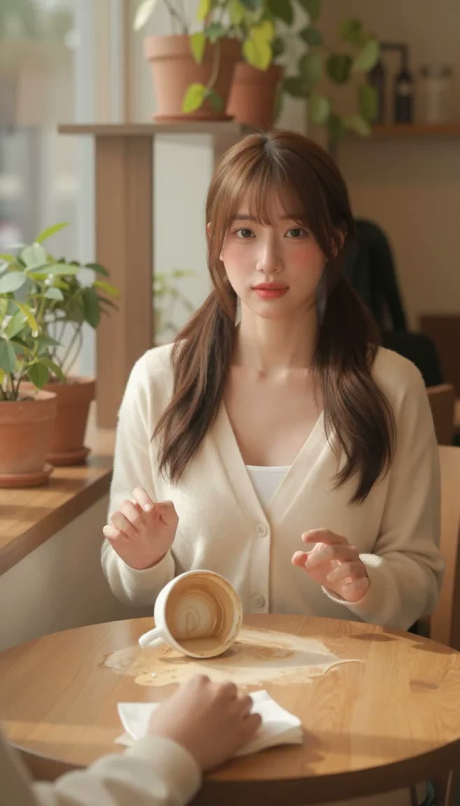 婷婷在咖啡廳打翻拿鐵、有點不知所措，AI 生成的約會 CG