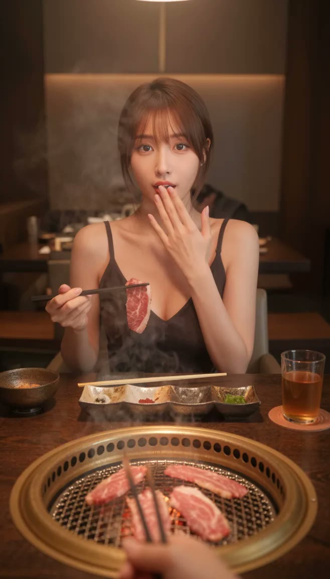 婷婷在燒肉店夾著最後一片肉、驚訝地遮住嘴，AI 生成的約會 CG