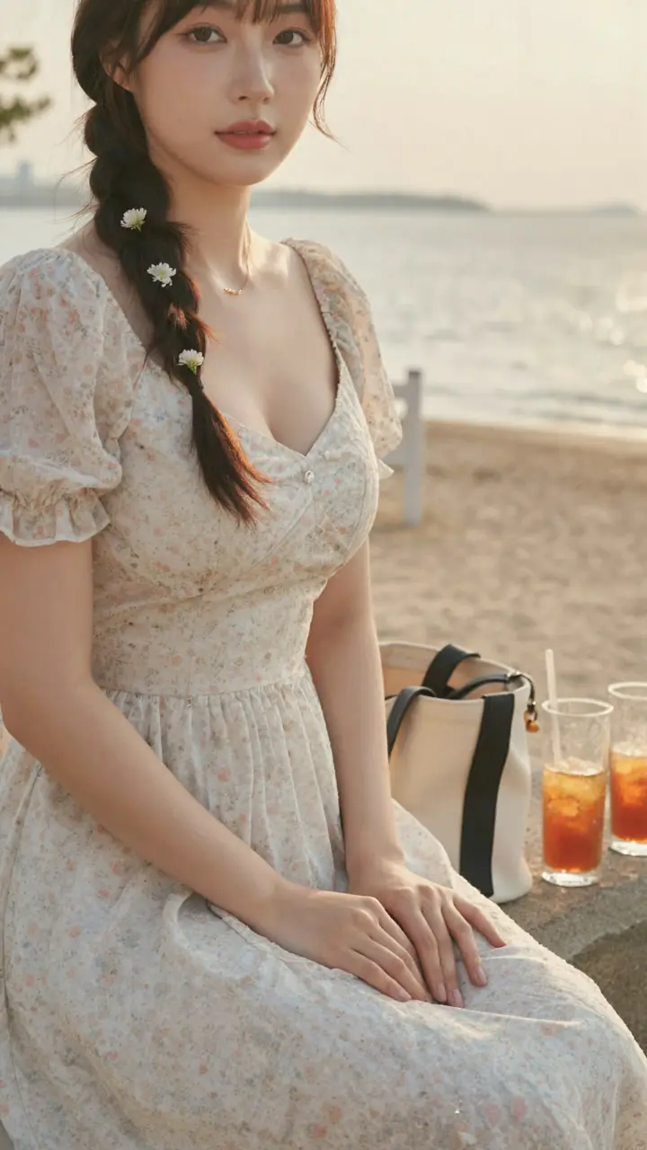 婷婷穿著碎花洋裝坐在海邊，AI 生成的約會場景