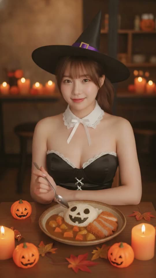 婷婷戴著女巫帽，面前是一盤南瓜燈造型的咖哩飯，AI 生成
