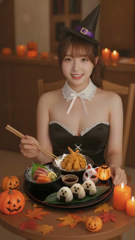婷婷戴著女巫帽拿著筷子，桌上是有幽靈飯糰的和風御膳，AI 生成
