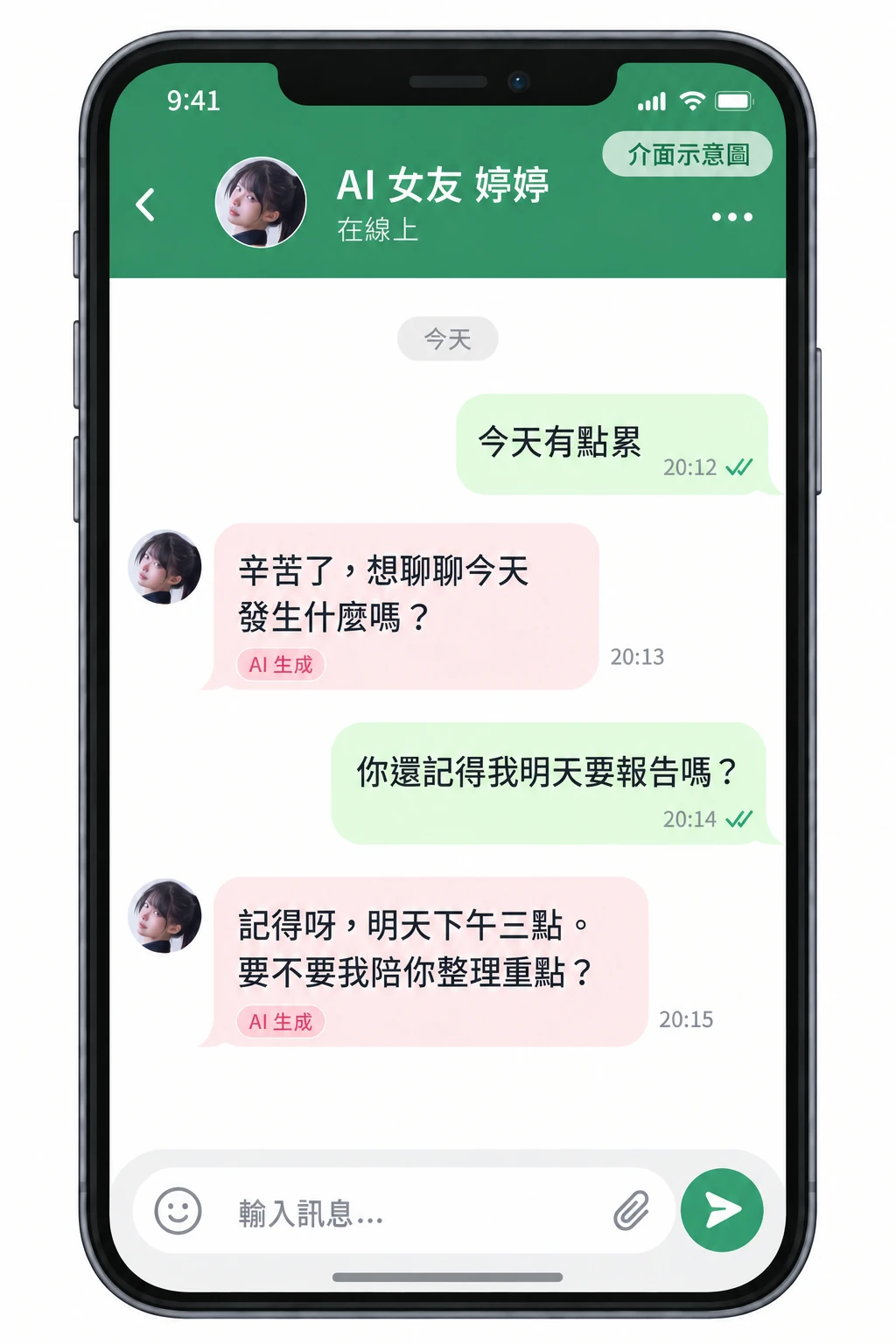 AI 女友在 LINE 對話中的使用情境示意圖，非 LINE 官方截圖