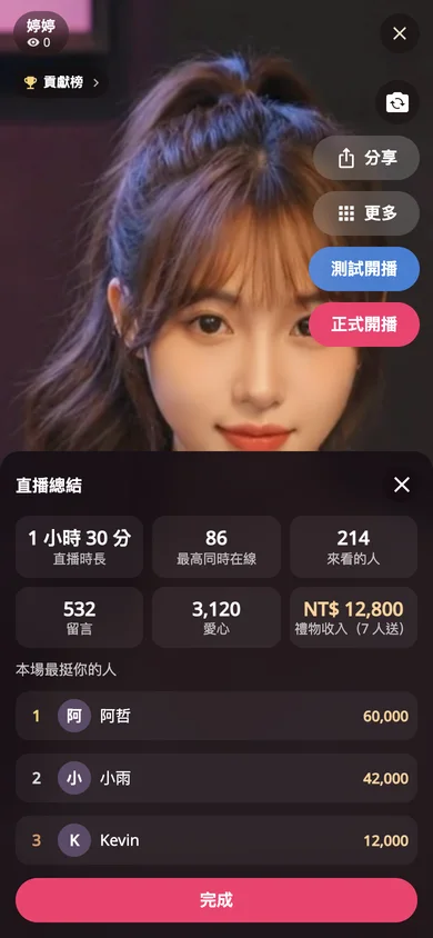 結束直播後的直播總結畫面