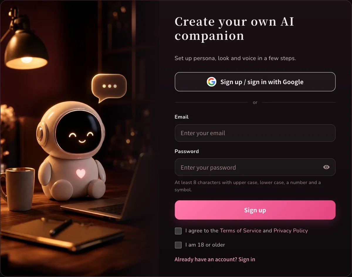 The FansNetwork sign-up screen with the mascot on the left and the Google button, email and password fields on the right