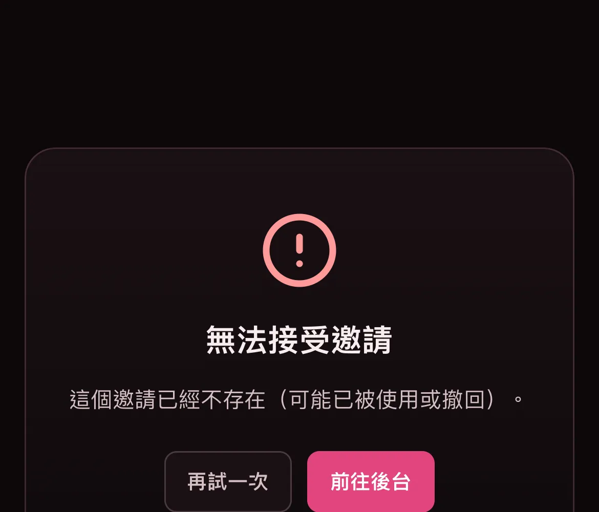 無法接受邀請:這個邀請已經不存在(可能已被使用或撤回)