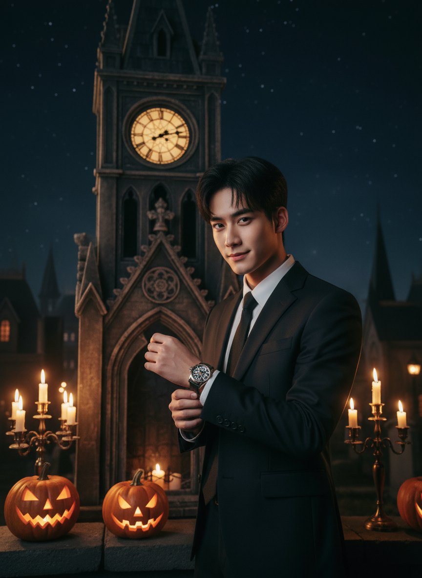 廷廷在鐘塔前戴著懷錶,AI 生成